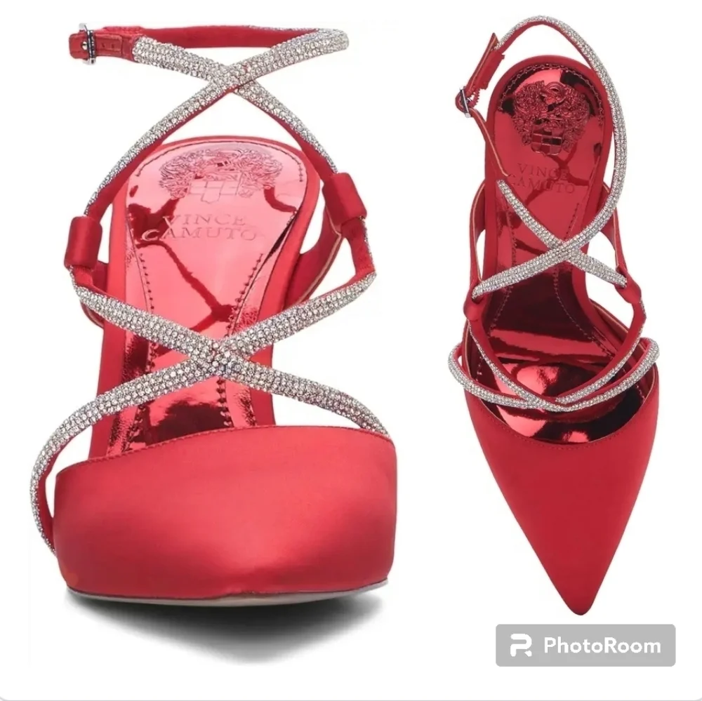 Vince Camuto Kadrya Red Rhinestone Ankle Strap Dress Heels 7.5 New